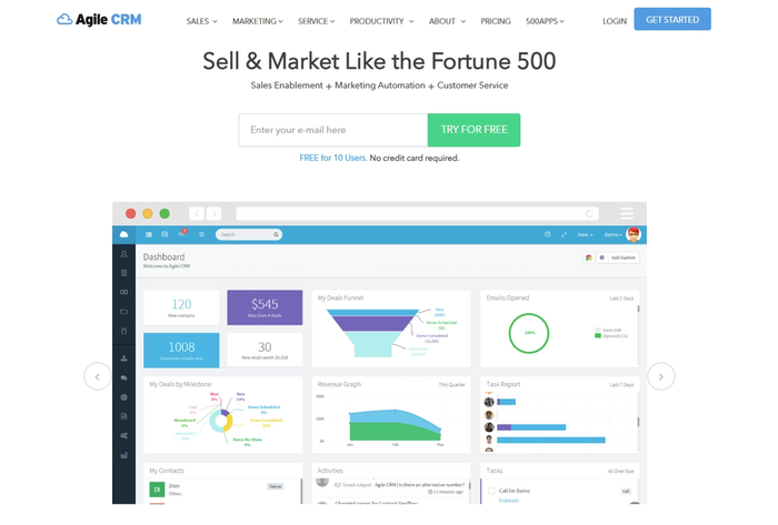 Agile CRM website displaying its dashboard with sales and marketing analytics, and the headline "Sell & Market Like the Fortune 500."