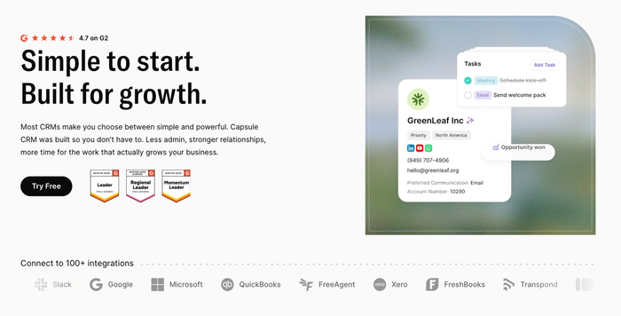 Capsule CRM ad: 'Simple to start. Built for growth.', G2 awards, a CRM interface showing tasks and contact info, and logos for 100+ integrations.