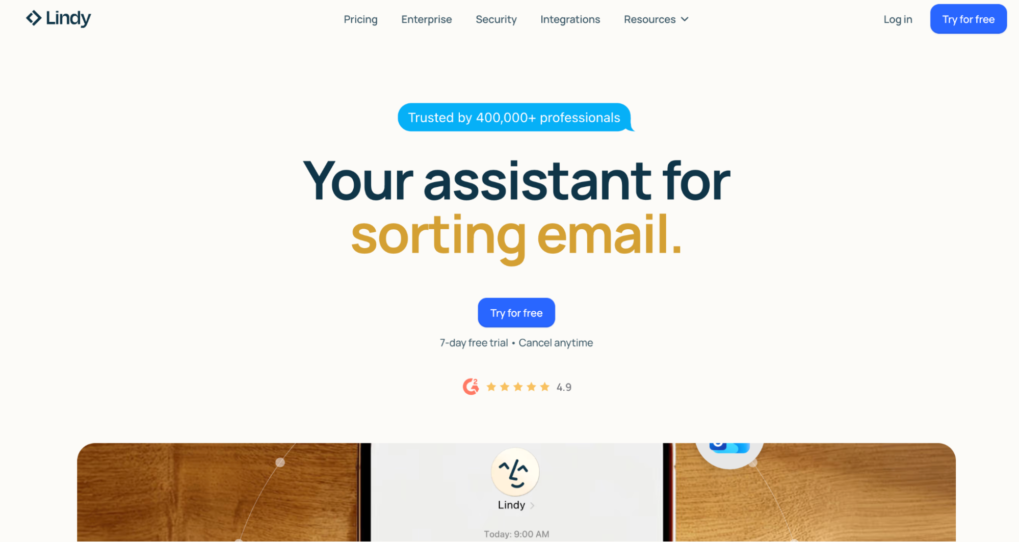 Lindy website homepage for an email sorting assistant, featuring the text "Your assistant for sorting email" and "Trusted by 400,000+ professionals."