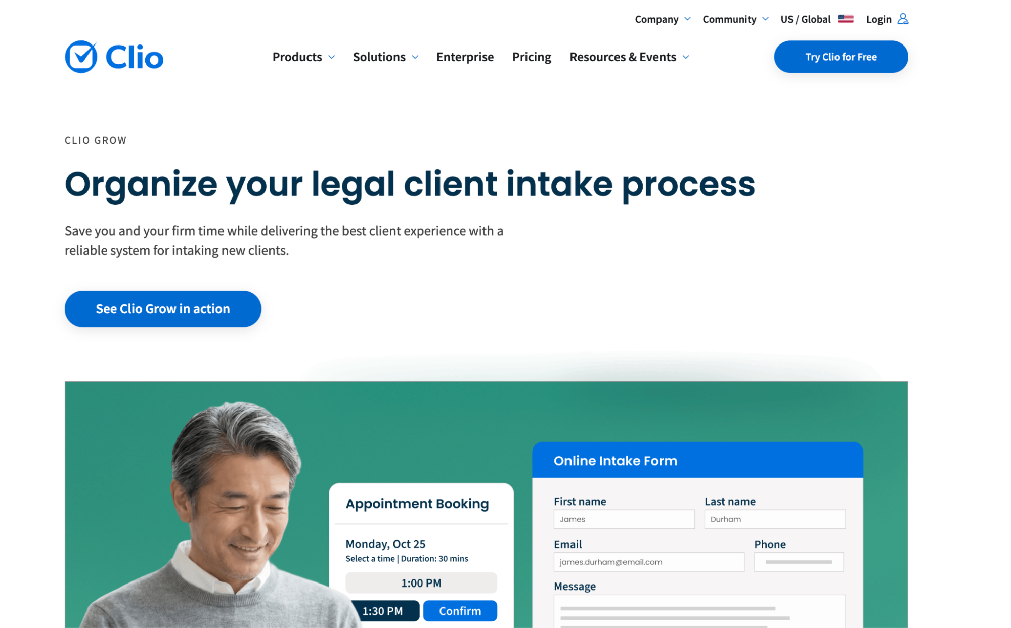 Clio Grow webpage with headline "Organize your legal client intake process," showing appointment booking and an online intake form.