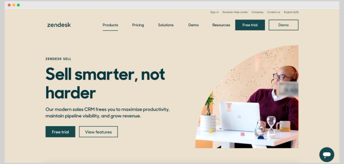 Zendesk Sell homepage featuring the headline ‘Sell smarter, not harder,’ offering a modern CRM.