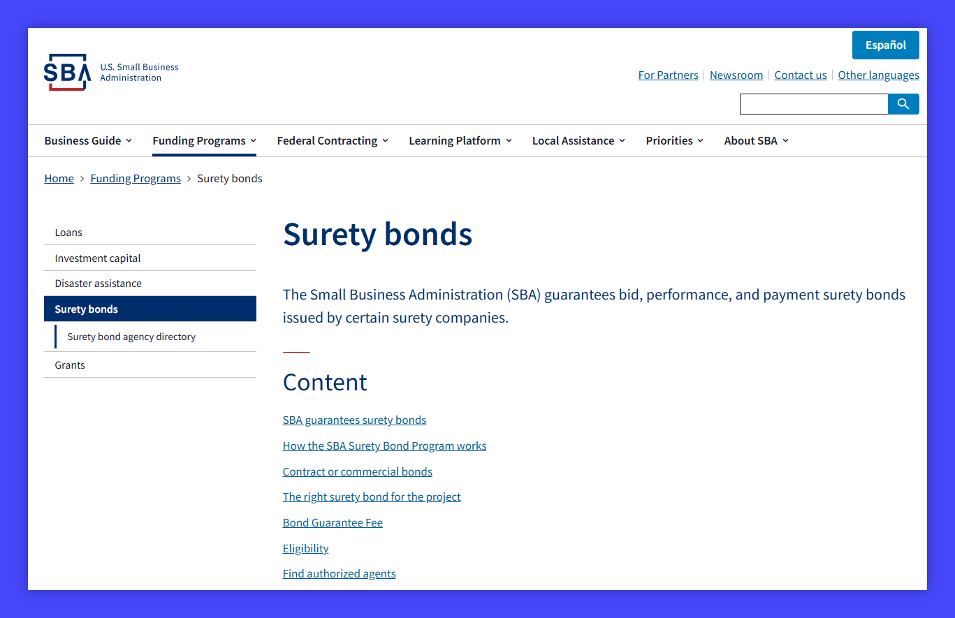 U.S. Small Business Administration (SBA) Surety Bonds webpage.