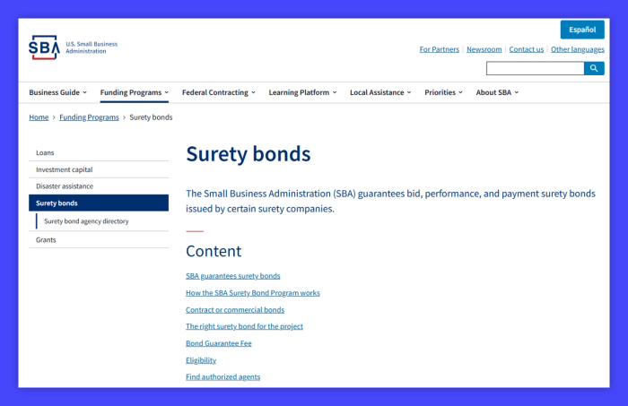 U.S. Small Business Administration (SBA) Surety Bonds webpage.