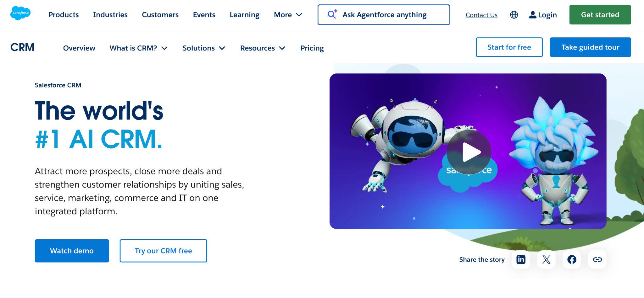 Salesforce CRM website with the headline "The world's #1 AI CRM" and a video thumbnail featuring two animated robot characters.