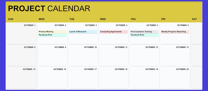 Project calendar Google Sheets template