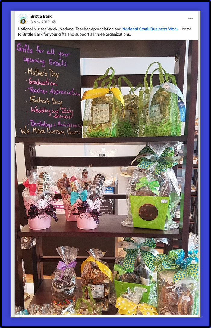 A display of gifts for upcoming events including Mother's Day Graduation and Father's Day.