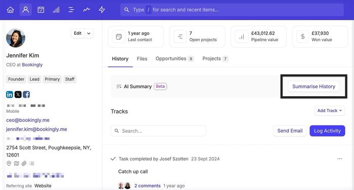 highlighted button to generate ai summary for a contact