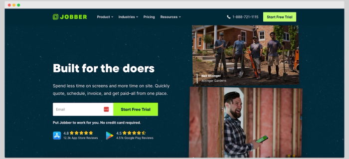 Jobber homepage targeting service-based businesses with the slogan ‘Built for the doers,’ offering quick quotes, scheduling, invoicing, and payment, featuring team photos and a call to start a free trial.