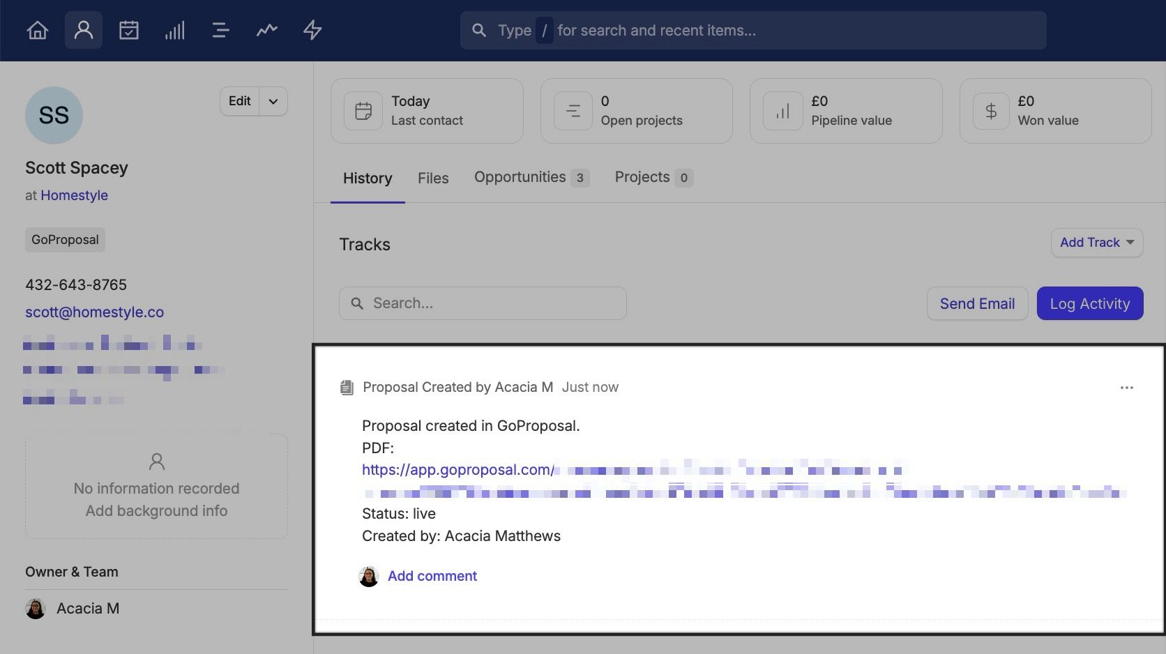 atividade adicionada ao contato no Capsule via Zapier com detalhes da proposta GoProposal