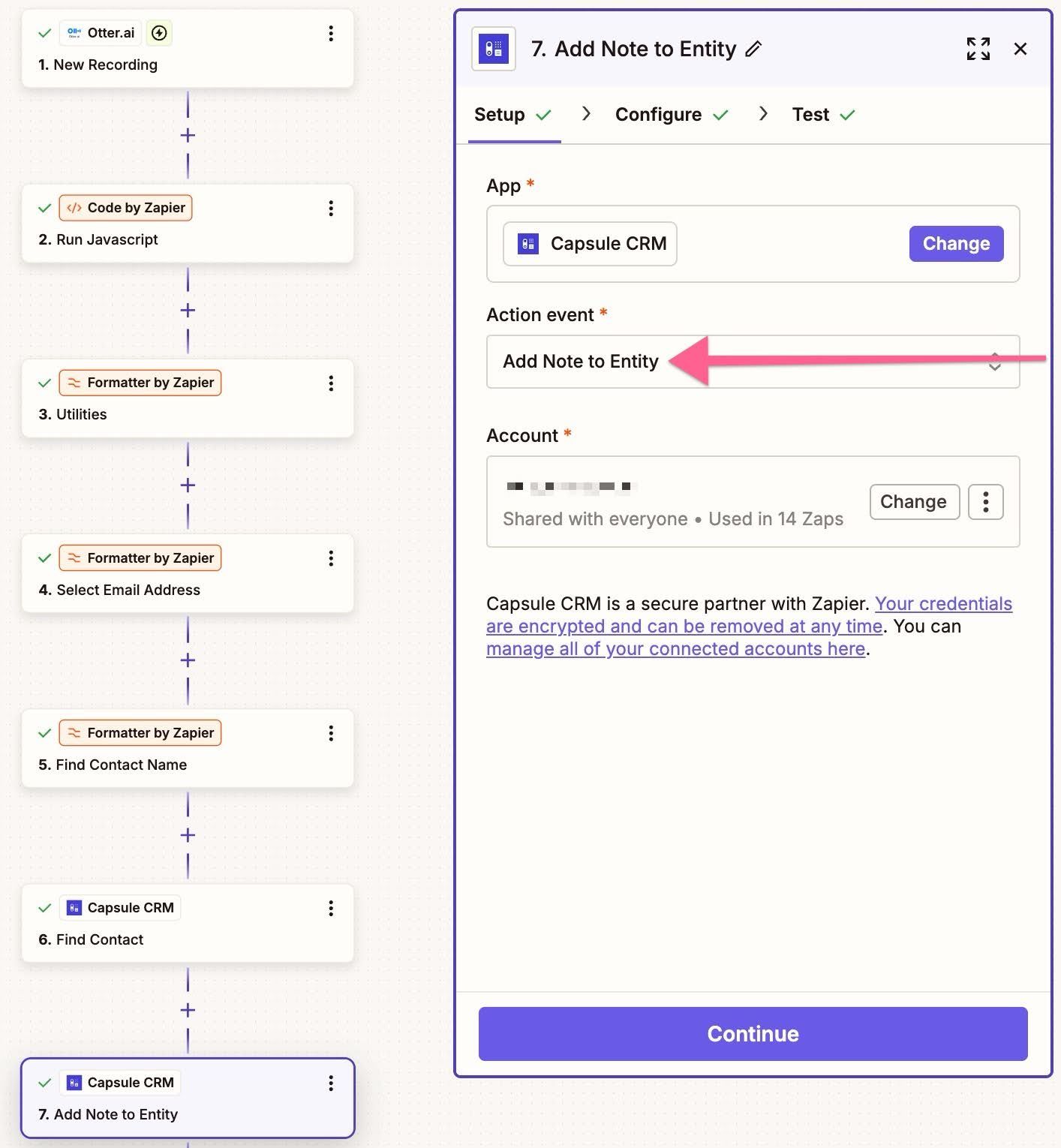 add note to entity option selected for capsule in zapier 