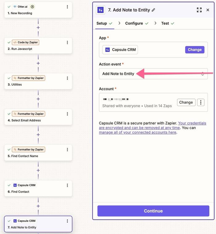 add note to entity option selected for capsule in zapier