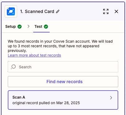 showing record selected for test step in covve zapier template