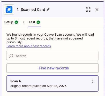 showing record selected for test step in covve zapier template