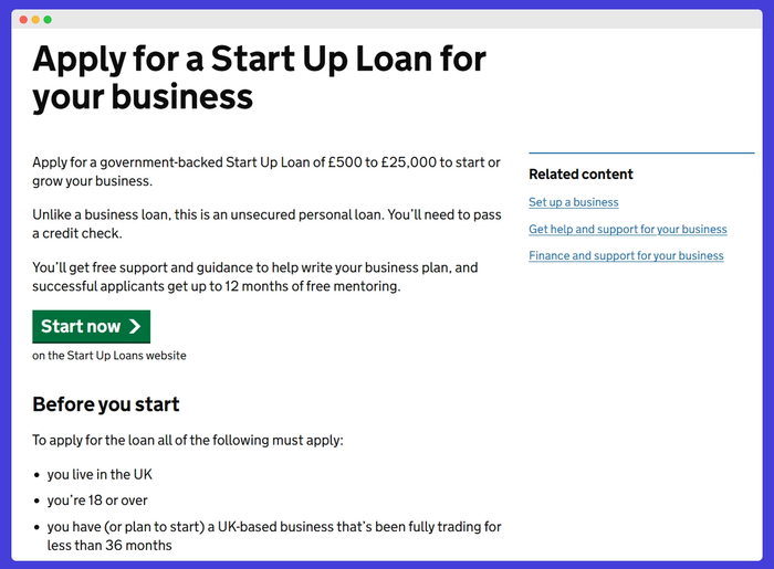 A web page that says apply for a start up loan for your business.