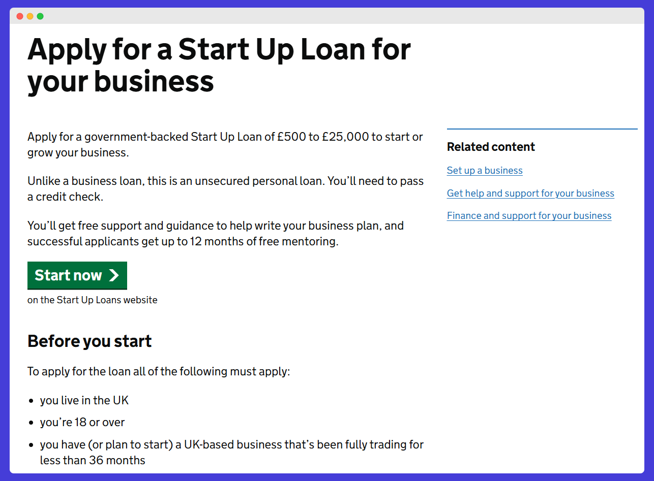 A web page that says apply for a start up loan for your business.