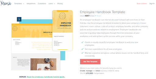 an employee handbook template is displayed on a website