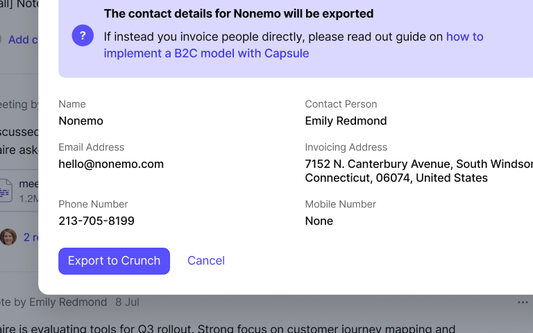 Export all the necessary contact details to Crunch in just a click.