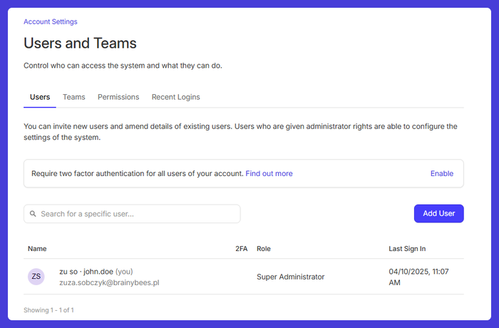Capsule's user management page showing user details including name, role, 2FA status, and last sign-in, with a button to add new users.
