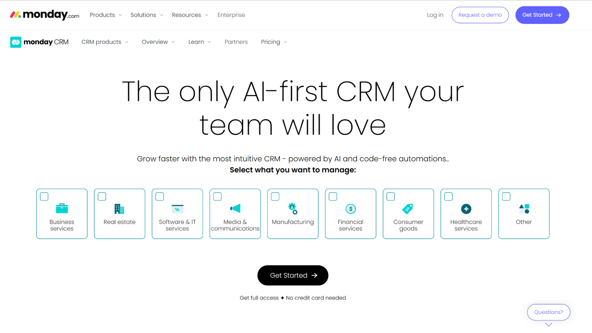Monday.com CRM landing page with the headline "The only AI-first CRM your team will love" and industry selection checkboxes.