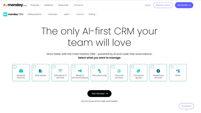 Monday.com CRM landing page with the headline "The only AI-first CRM your team will love" and industry selection checkboxes.