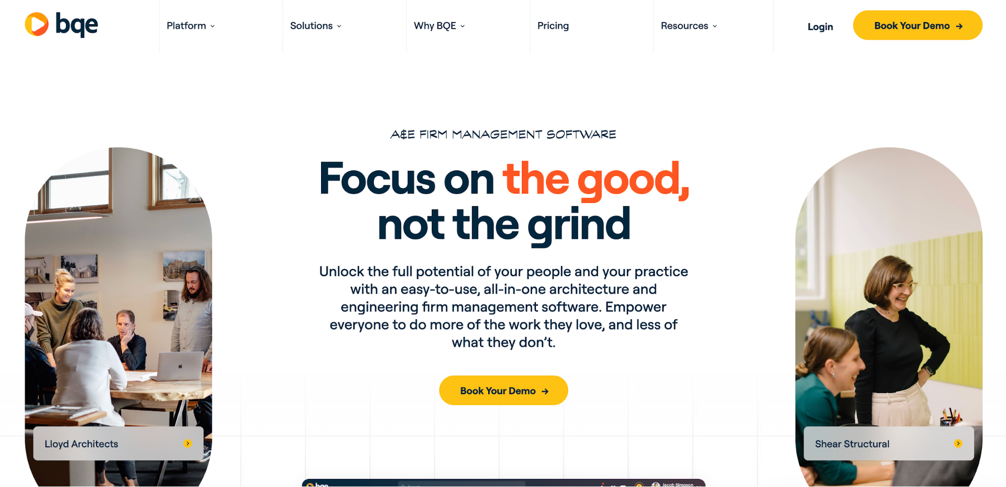 BQE website homepage promoting AEC firm management software with the headline "Focus on the good, not the grind" and photos of teams collaborating.