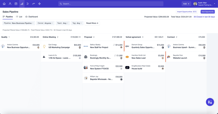 In-app display of Capsule's Sales Pipeline when using the Kanban view