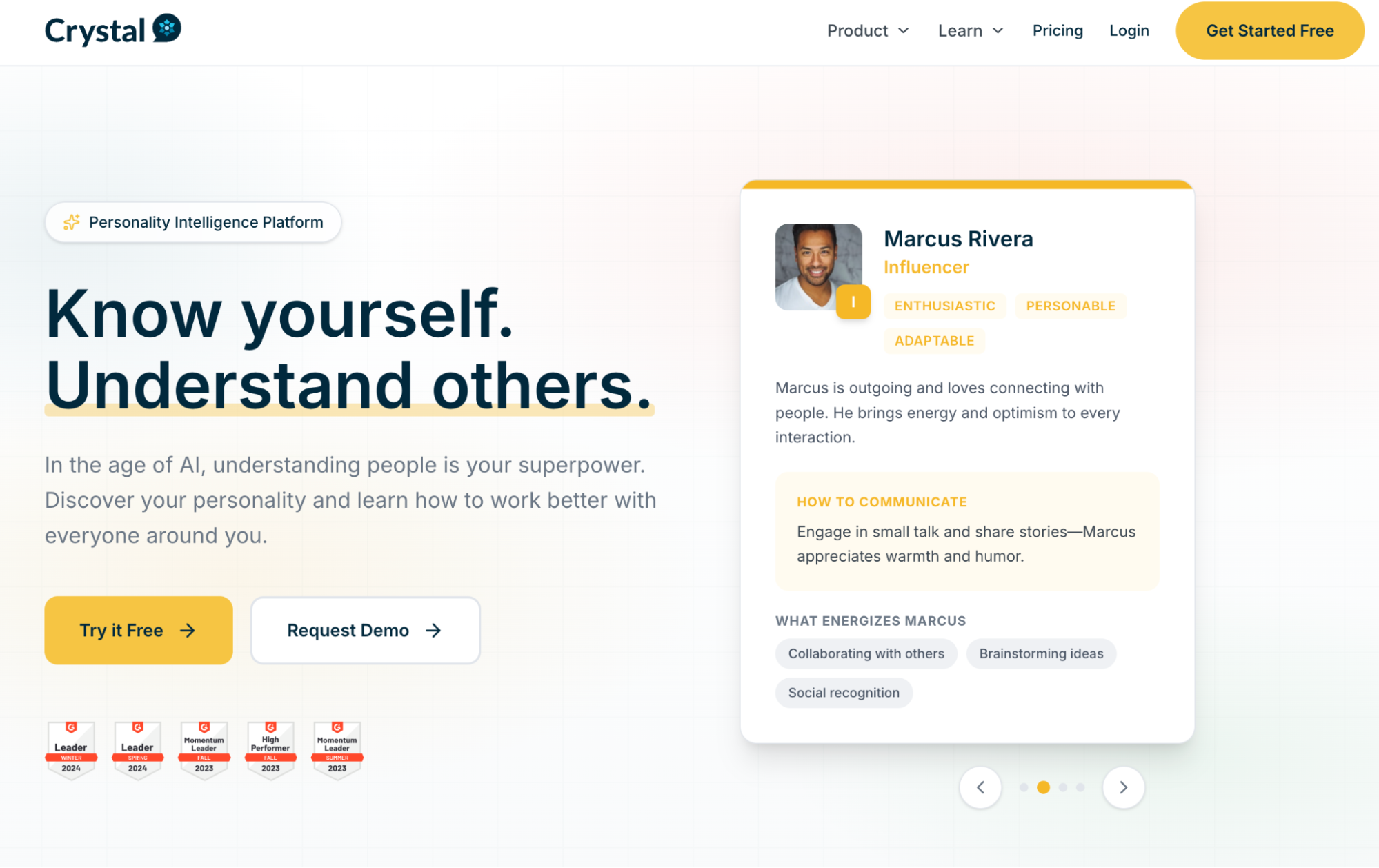 Crystal website homepage with an example personality profile for Marcus Rivera, an influencer, detailing his traits and communication tips.