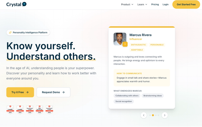 Crystal website homepage with an example personality profile for Marcus Rivera, an influencer, detailing his traits and communication tips.