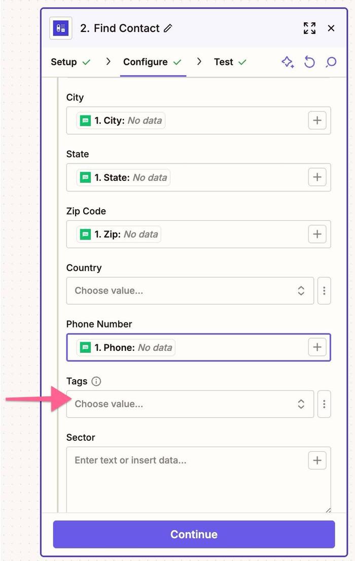 create contact setup with tag field highlighted