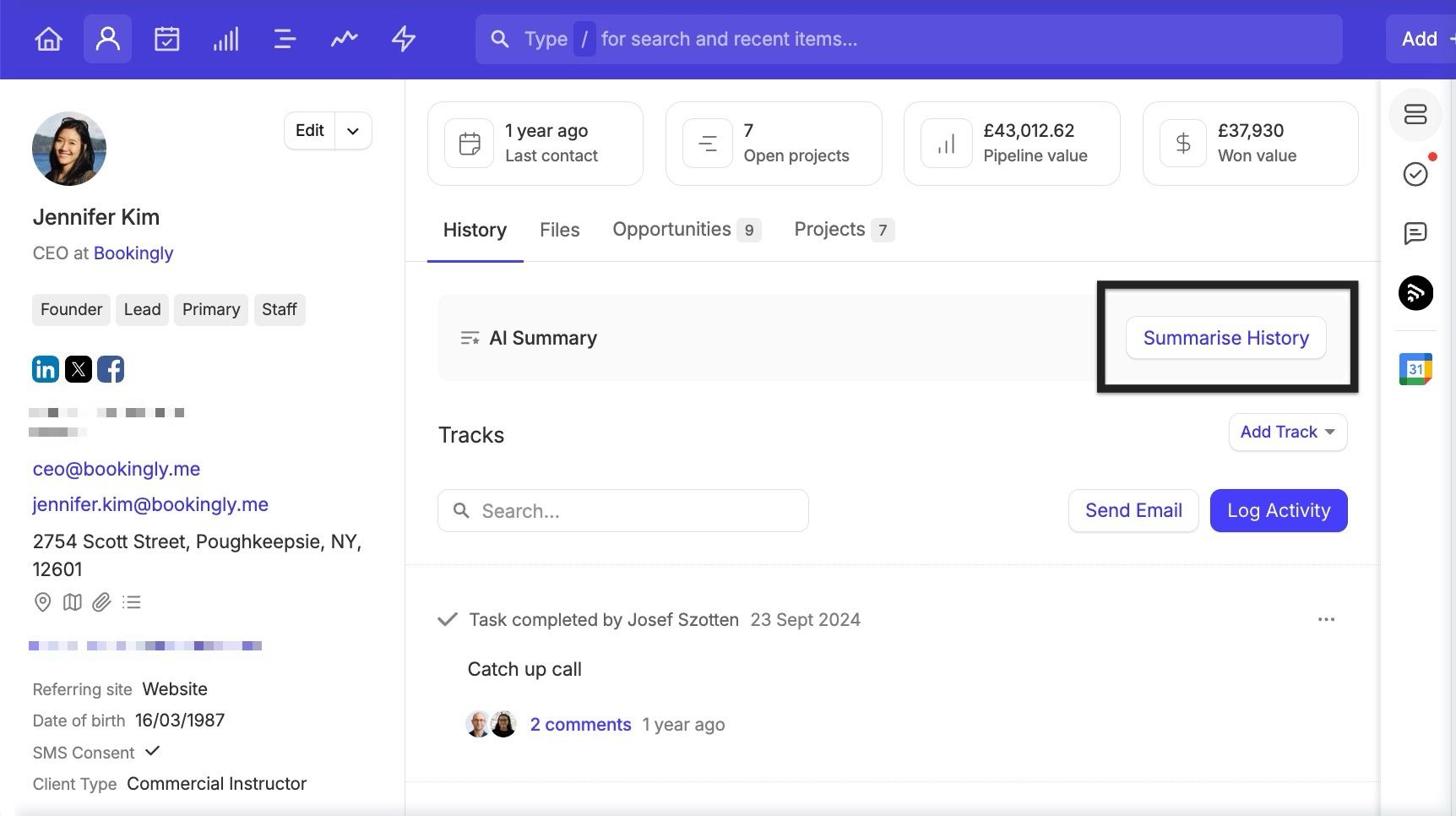 highlighted button to generate ai summary for a contact
