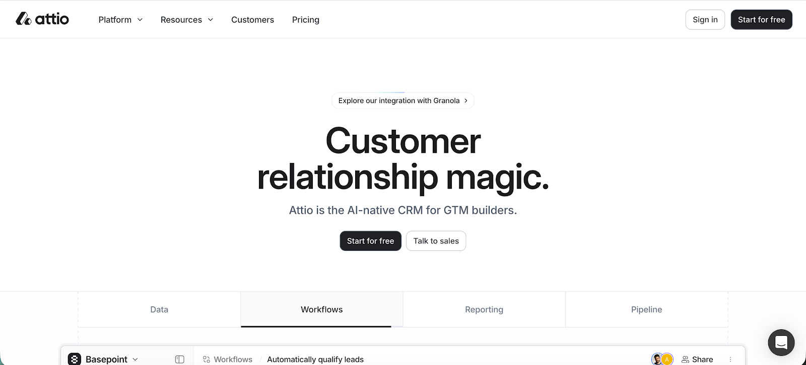 A white webpage for Attio, an AI-native CRM, with the headline "Customer relationship magic." and "Start for free" and "Talk to sales" buttons.