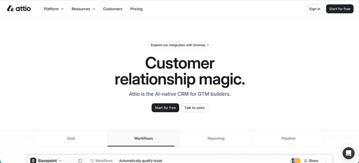 A white webpage for Attio, an AI-native CRM, with the headline "Customer relationship magic." and "Start for free" and "Talk to sales" buttons.