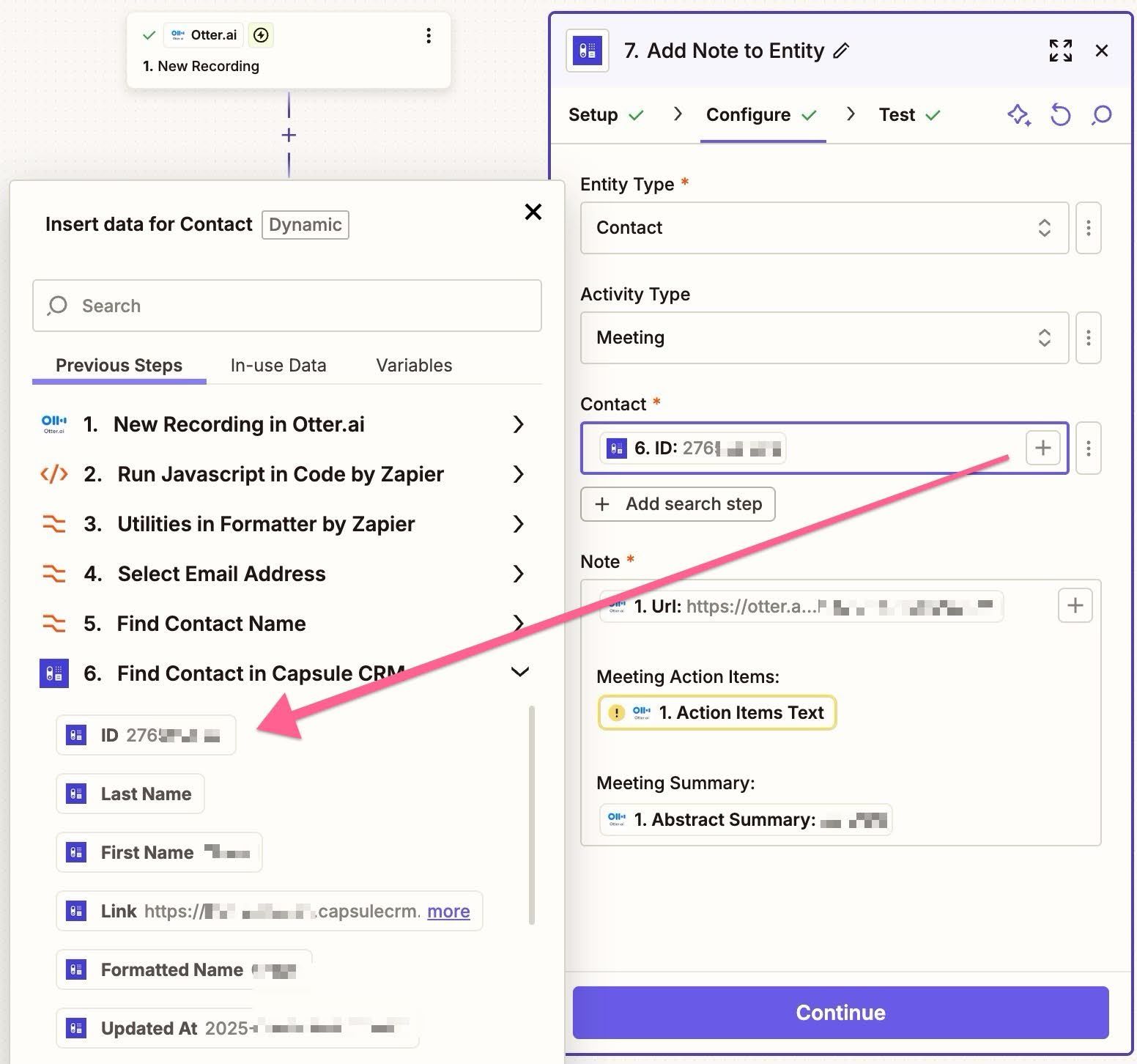 capsule contact id selected in zapier