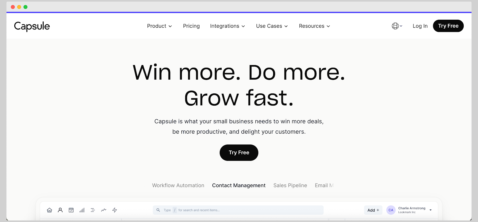 Screenshot of the Capsule CRM website homepage with the headline "Win more. Do more. Grow fast."