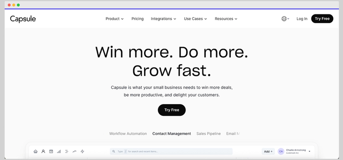 Screenshot of the Capsule CRM website homepage with the headline "Win more. Do more. Grow fast."