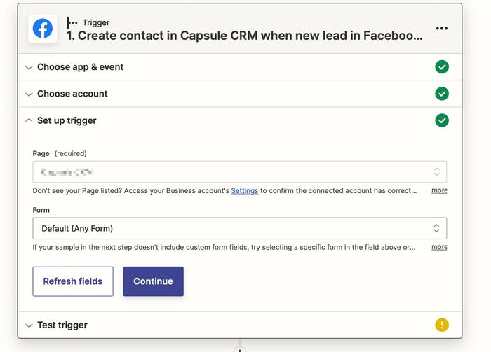 Creating contact in Capsule CRM when new lead in Facebook.