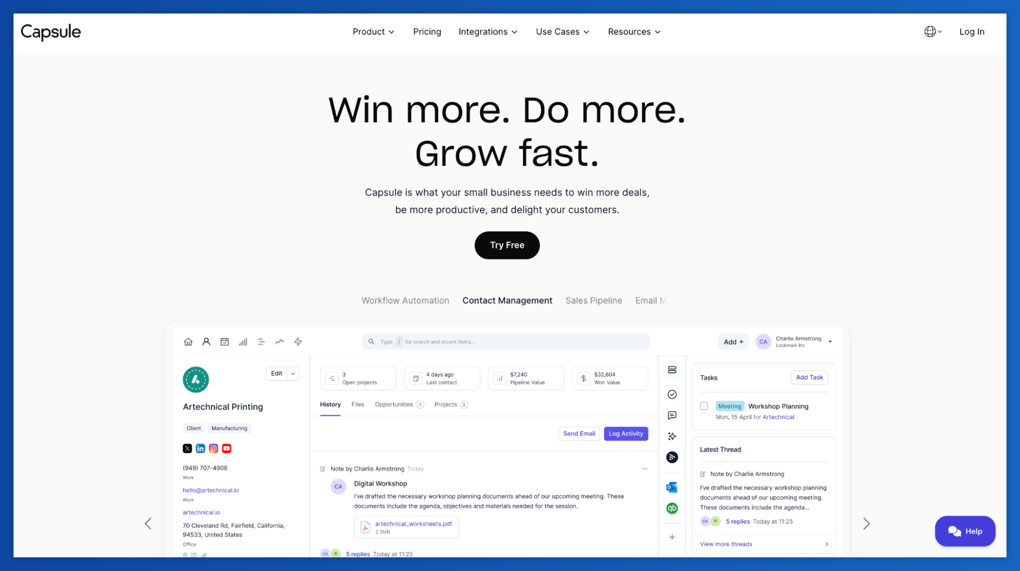 Capsule CRM website with the slogan "Win more. Do more. Grow fast." and a screenshot of its contact and task management interface.