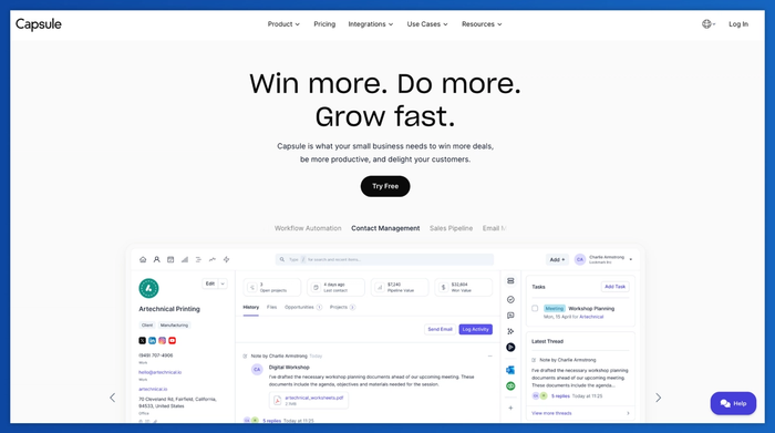 Capsule CRM website with the slogan "Win more. Do more. Grow fast." and a screenshot of its contact and task management interface.