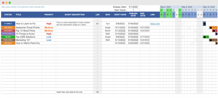 Content calendar spreadsheet.