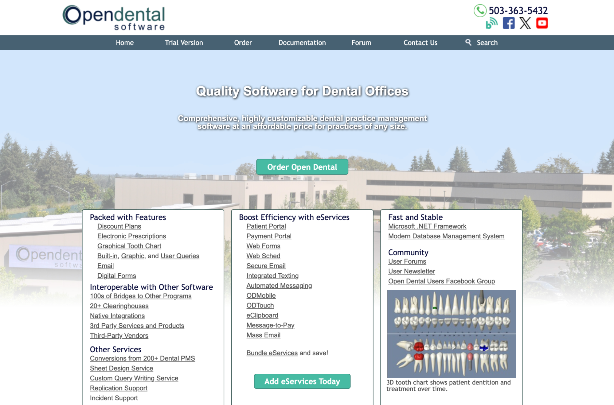 Opendental Software homepage displaying features for dental offices, including a tooth chart.