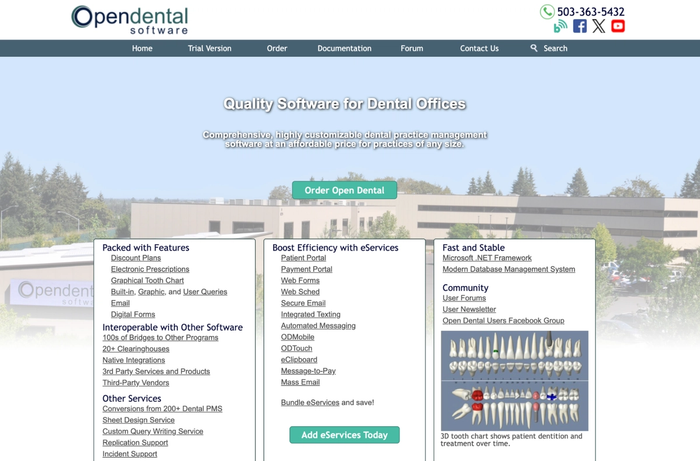 Opendental Software homepage displaying features for dental offices, including a tooth chart.