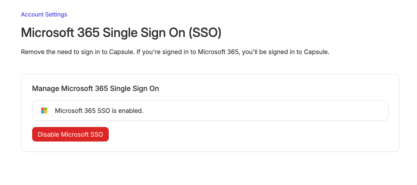 Deshabilitar el botón de inicio de sesión único (SSO) de Microsoft en la página de configuración de la cuenta