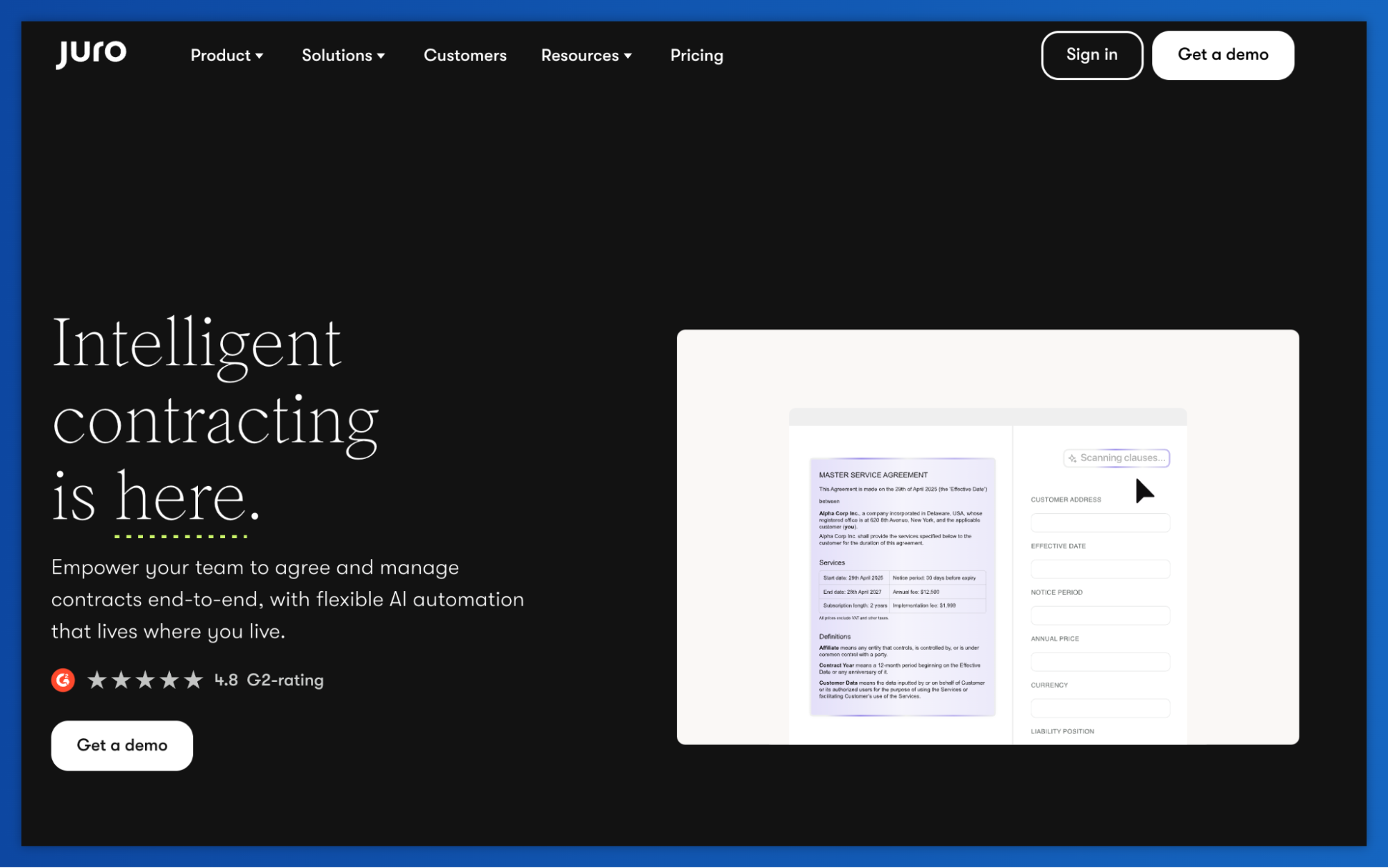 Juro website promoting "Intelligent contracting is here," with a digital contract document and data input fields.