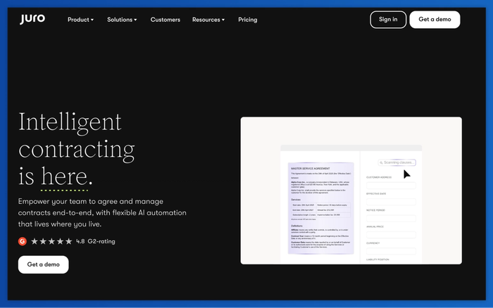 Juro website promoting "Intelligent contracting is here," with a digital contract document and data input fields.