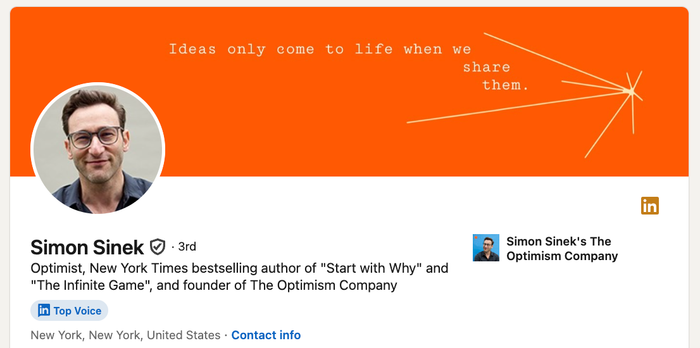 a linkedin profile for simon sinek is shown