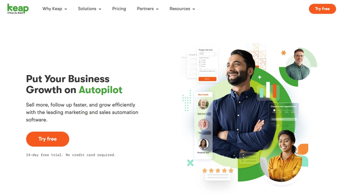 Keap software landing page featuring the headline "Put Your Business Growth on Autopilot," a "Try free" button, and an illustration of diverse people surrounded by software interface elements.