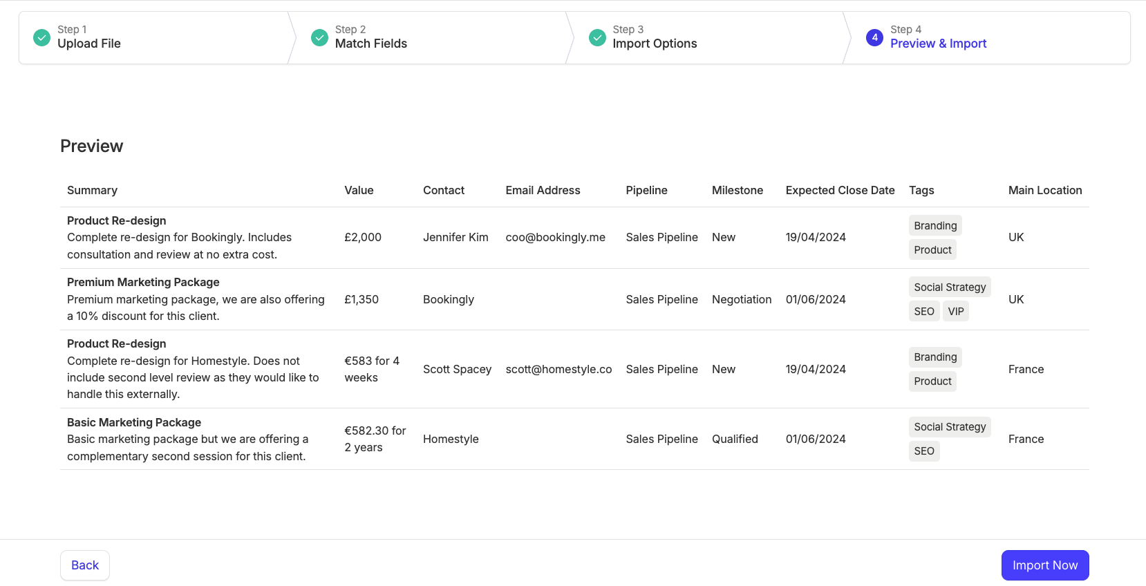 Showing preview step of Opportunity Import