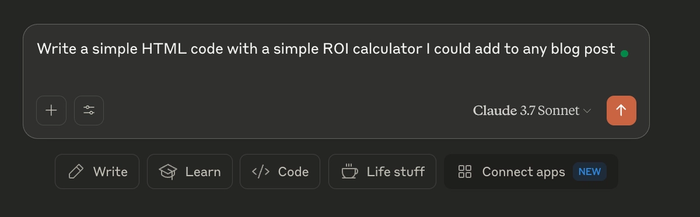 Chat interface showing a user asking Claude 3.7 Sonnet to write a simple HTML ROI calculator for a blog post.