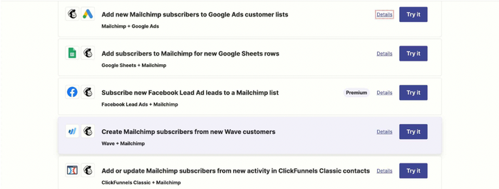 List of apps to connect with Mailchimp using Zapier's templates