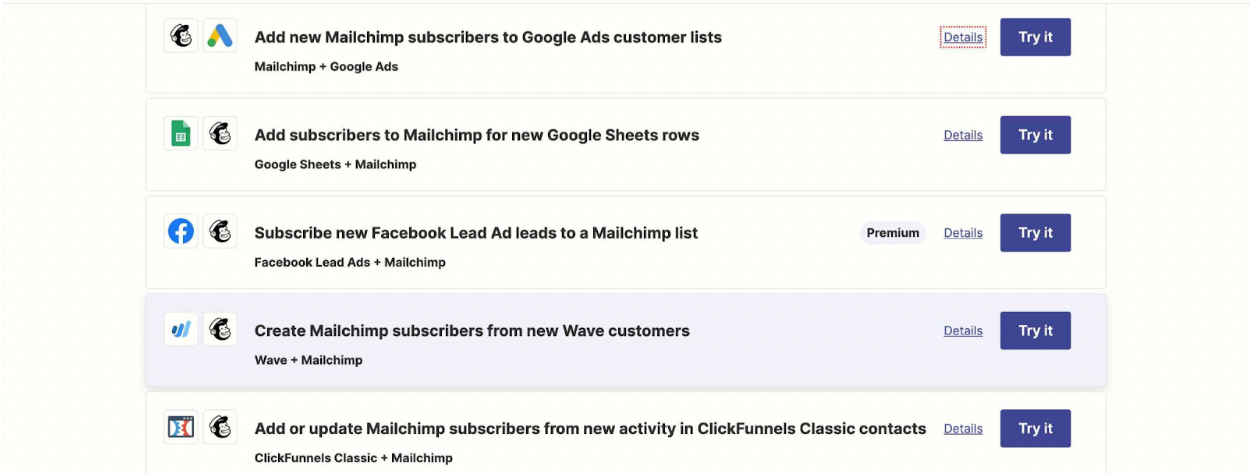 List of apps to connect with Mailchimp using Zapier's templates